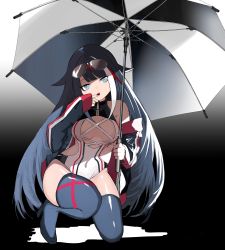 Rule 34 | 1girl, absurdres, alternate costume, azur lane, bad id, bad twitter id, bare shoulders, black footwear, black hair, black nails, blue eyes, boots, covered navel, deutschland (azur lane), eyewear on head, finger to mouth, highres, holding, holding umbrella, jacket, leotard, looking at viewer, mole, multicolored hair, nail polish, off shoulder, race queen, sidelocks, solo, squatting, streaked hair, sunglasses, takeakigaku, thigh boots, thighhighs, tongue, tongue out, umbrella, zipper