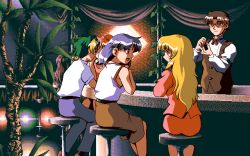 Rule 34 | 1990s (style), 2 shot diary 2, 6+girls, androgynous, bar stool, bare arms, bare shoulders, barista, blonde hair, blunt bangs, bow, bowtie, brown hair, brown skirt, brown vest, character request, dithering, eye contact, feet out of frame, from behind, game cg, glasses, green hair, indoors, long hair, looking at another, may-be soft, multicolored hair, multiple girls, pants, pc98, pink hair, plant, potted plant, purple hair, red neckwear, retro artstyle, saki (2 shot diary 2), shirt, short hair, sitting, skirt, stool, streaked hair, tagme, vest, white shirt