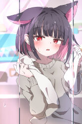 Rule 34 | 1girl, absurdres, animal ears, black hair, blue archive, blush, cat ears, colored inner hair, extra ears, grey sweater, halo, highres, kazusa (blue archive), long sleeves, looking at viewer, multicolored hair, natsukari na, open mouth, pink hair, pink halo, red eyes, scarf, short hair, solo, sweater, upper body, white scarf