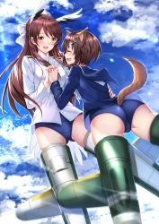 Rule 34 | 10s, 2girls, :d, ^ ^, ass, blush, bow, brave witches, breasts, brown eyes, brown hair, closed eyes, cloud, day, flying, hair bow, hair ornament, hairclip, head wings, highres, holding hands, interlocked fingers, karibuchi hikari, karibuchi takami, long hair, long sleeves, looking at another, medium breasts, military, military uniform, multiple girls, naval uniform, old school swimsuit, one-piece swimsuit, open mouth, school swimsuit, shiny clothes, short hair, siblings, sisters, sky, smile, striker unit, swimsuit, swimsuit under clothes, swordsouls, tail, uniform, wind, wings, world witches series