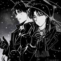 Rule 34 | 2boys, artist name, bow, bowtie, closed mouth, coat, collared shirt, commentary request, dated, expressionless, gloves, greyscale, highres, ichijou seiya, kaiji, long hair, long sleeves, looking at another, male focus, medium bangs, monochrome, multiple boys, murakami tamotsu, necktie, scarf, shared umbrella, shirt, short hair, snowing, transparent, transparent umbrella, umbrella, unknown03162, upper body