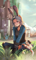 Rule 34 | 1girl, animal, animal ears, belt, between legs, black gloves, blurry, boots, brown footwear, bug, building, rabbit ears, butterfly, city, closed mouth, collarbone, dantewontdie, denim, depth of field, disney, elbow gloves, field, gloves, grass, hand between legs, head tilt, highres, indian style, bug, jeans, judy hopps, knee boots, lips, long sleeves, mountain, nature, outdoors, pants, personification, petals, pocket, short hair, silver hair, sitting, solo, spread legs, sunlight, tower, tsurime, v arms, wings, zootopia