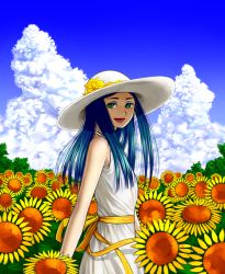 Rule 34 | 00s, 1girl, :d, blue hair, blue sky, cloud, colored eyelashes, day, dokomademodameko, dress, field, flower, flower field, from side, green eyes, hat, hat ribbon, kuga natsuki, long hair, my-hime, open mouth, ribbon, sky, sleeveless, sleeveless dress, smile, solo, summer, sun hat, sunflower, sunflower field, white hat, yellow ribbon