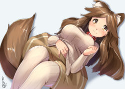 Rule 34 | 1girl, animal ears, blush, breasts, brown eyes, brown hair, collar, dog ears, dog tail, highres, kanzen bouon, long hair, long sleeves, looking at viewer, original, simple background, skirt, smile, solo, tail