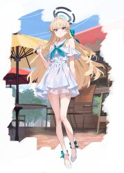 Rule 34 | 1girl, absurdres, bare shoulders, blonde hair, blue archive, blue eyes, blush, chair, day, dress, full body, hair ribbon, halo, hidis0086, highres, long hair, looking at viewer, neckerchief, off-shoulder dress, off shoulder, outdoors, parted lips, ribbon, sailor collar, solo, table, toki (blue archive), umbrella, v, white dress, white footwear