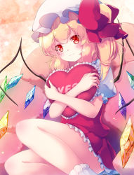 Rule 34 | 1girl, bare legs, blonde hair, bow, commentary request, crystal, feet out of frame, flandre scarlet, frilled pillow, frills, gengetsu chihiro, hat, hat bow, holding, holding pillow, hugging object, long hair, miniskirt, mob cap, one side up, petticoat, pillow, pleated skirt, puffy short sleeves, puffy sleeves, red bow, red eyes, red skirt, red vest, shirt, short sleeves, sitting, skirt, skirt set, socks, solo, star (symbol), thighs, touhou, vest, white hat, white shirt, white socks, wings, yes-no pillow