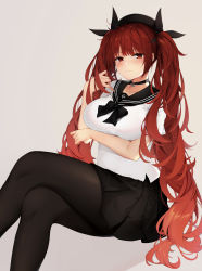 Rule 34 | 1girl, absurdres, alternate costume, arm under breasts, azur lane, black pantyhose, black ribbon, black skirt, blush, bra visible through clothes, breasts, choker, closed mouth, collarbone, crossed legs, hair ribbon, hand up, hat, highres, honolulu (azur lane), honolulu (umbrella girl) (azur lane), jun.bit, large breasts, long hair, looking at viewer, pantyhose, pleated skirt, red eyes, red hair, ribbon, sailor collar, school uniform, shirt, sidelocks, simple background, sitting, skirt, solo, tsurime, twintails, white shirt