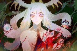 Rule 34 | 1other, artist name, closed mouth, collarbone, commentary, commission, english commentary, extra eyes, hair between eyes, highres, horns, long hair, multicolored eyes, original, sidelocks, silly chaotic, solo, upper body, white hair, zipper