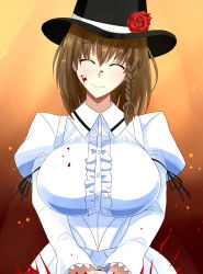 Rule 34 | 1girl, absurdres, black hat, blood, blood on face, blood splatter, braid, breasts, brown hair, charlotte corday (fate), charlotte corday (third ascension) (fate), closed eyes, collared dress, dress, fate/grand order, fate (series), flower, hat, hat flower, highres, juliet sleeves, large breasts, long sleeves, puffy sleeves, rakku (10219563), smile, solo, stab