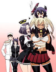Rule 34 | 10s, 1boy, 4girls, admiral (kancolle), aged down, aged up, arms behind back, between breasts, black gloves, black hair, black legwear, blonde hair, unworn boot, boots, unworn boots, breasts, budget sarashi, carrying, chiba toshirou, contrapposto, cowboy shot, dark-skinned female, dark skin, dress, eyepatch, glasses, gloves, gradient background, grin, halo, hand on another&#039;s shoulder, hat, heart, holding, holding shoes, huge breasts, if they mated, kantai collection, large breasts, looking at another, looking at viewer, mechanical halo, midriff, military, military uniform, miniskirt, multiple girls, musashi (kancolle), open mouth, peaked cap, pink background, pleated skirt, purple hair, red skirt, sarashi, semi-rimless eyewear, shoes, short dress, short hair, shoulder carry, single boot, single shoe, skirt, smile, standing, sword, tatsuta (kancolle), tenryuu (kancolle), thighhighs, translated, two side up, under-rim eyewear, uniform, weapon, zettai ryouiki