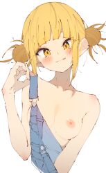 Rule 34 | 1girl, adjusting strap, blonde hair, blunt bangs, blush, boku no hero academia, breasts, closed mouth, collarbone, commentary, cropped torso, double bun, hair bun, hand up, highres, looking at viewer, medium breasts, messy hair, naked overalls, nipples, off shoulder, overalls, rasusurasu, short hair with long locks, shoulder blush, sidelocks, simple background, single bare shoulder, solo, straight hair, toga himiko, tongue, tongue out, tsurime, upper body, white background, yellow eyes
