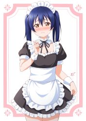 Rule 34 | 1girl, absurdres, alternate costume, apron, blue hair, blush, detached collar, dress, embarrassed, enmaided, frilled apron, frilled dress, frills, haruharo (haruharo 7315), highres, long hair, long sleeves, looking at viewer, love live!, love live! school idol project, maid, maid apron, maid headdress, short sleeves, simple background, skirt, solo, sonoda umi, swept bangs, twintails, two side up, white apron, wrist cuffs, yellow eyes