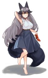 Rule 34 | 1girl, a888 n22, absurdres, animal ears, bare shoulders, barefoot, black choker, blue shirt, blue skirt, blush, choker, commission, fox ears, fox girl, fox tail, frilled shirt, frills, full body, grey hair, hair between eyes, hair ornament, hairclip, highres, holding, holding shoes, kemono friends, kemono friends 3, long hair, long skirt, looking at viewer, multicolored hair, no shoes, official alternate costume, red footwear, shirt, shoes, sidelocks, silver fox (kemono friends), skeb commission, skirt, sleeveless, solo, standing, standing on one leg, striped clothes, striped shirt, tail, two-tone shirt, vertical-striped clothes, vertical-striped shirt, white shirt, yellow eyes