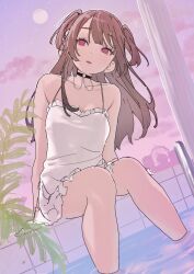 Rule 34 | 1girl, bare shoulders, black choker, brown hair, camisole, choker, collarbone, daluto (hitomi555), dutch angle, highres, knees together feet apart, moon, night, original, parted lips, partially submerged, pink sky, plant, red eyes, sitting, sky, solo, star (sky), starry sky, water, white camisole