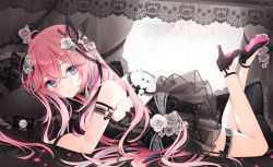 Rule 34 | 1girl, a20 (atsumaru), black bow, black butterfly, black footwear, bow, bug, butterfly, dress, flower, frills, garter straps, hair flower, hair ornament, hanagumo kuyuri, high heels, highres, hitotose tanteidan, insect, lace, lace dress, long hair, looking at viewer, official art, parted lips, pink hair, solo, white flower