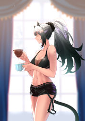 Rule 34 | 1girl, absurdres, animal ears, arknights, bare arms, bare shoulders, black shorts, blurry, blurry background, breasts, cat ears, cat tail, cleavage, collarbone, commentary request, cowboy shot, crop top, cup, from side, highres, holding, holding cup, indoors, long hair, medium breasts, midriff, navel, ponytail, profile, schwarz (arknights), shijie jianfa, short shorts, shorts, sidelocks, silver hair, smile, solo, spaghetti strap, standing, stomach, tail, teacup, thighs