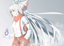 Rule 34 | 1girl, absurdres, armband, bad id, bad pixiv id, bandage on face, bandages, blue fire, bow, cigarette, dress shirt, facing away, fire, fujiwara no mokou, gradient background, grey background, hair bow, hand in pocket, highres, juliet sleeves, kuroneko (sanzo5531), long hair, long sleeves, open hand, open pants, pants, puffy sleeves, red eyes, scarf, shirt, simple background, smoke, solo, suspenders, touhou, very long hair, white hair