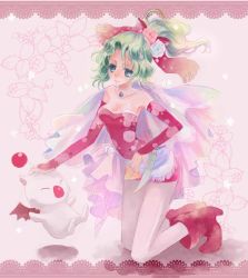 Rule 34 | 1990s (style), 1girl, bare shoulders, cape, detached sleeves, earrings, elbow gloves, final fantasy, final fantasy vi, gloves, green eyes, green hair, jewelry, long hair, matching hair/eyes, miremi, moogle, pantyhose, ponytail, ribbon, solo, tina branford