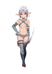 Rule 34 | 1girl, absurdres, boots, breasts, collarbone, dagger, earrings, elbow gloves, elf, full body, gloves, grey gloves, grey hair, grey shorts, grey thighhighs, hand on own hip, highres, holding, holding sword, holding weapon, holster, jewelry, knee boots, knife, looking at viewer, midriff, navel, original, pointy ears, qing lan, revealing clothes, short hair with long locks, short shorts, shorts, simple background, single earring, small breasts, solo, standing, sword, thigh holster, thigh strap, thighhighs, thighs, tsurime, weapon, white background, yellow eyes