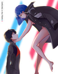 Rule 34 | 10s, 1boy, 1girl, absurdres, black coat, black hair, blue hair, blurry, blurry background, breasts, coat, darling in the franxx, eye contact, green eyes, hair ornament, hairclip, hand on another&#039;s cheek, hand on another&#039;s face, highres, hiro (darling in the franxx), ichigo (darling in the franxx), looking at another, luojiwei, naked coat, short hair, uniform