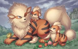 Rule 34 | arcanine, berry (pokemon), claws, cloud, commentary request, creatures (company), evolutionary line, fangs, fangs out, game freak, gen 1 pokemon, grass, growlithe, nintendo, no humans, open mouth, outdoors, piyokko (p4-co), pokemon, pokemon (creature), sitrus berry, sky, smile