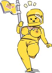 Rule 34 | 1girl, breasts, cleft of venus, flag, helmet, highres, large breasts, lego, meen, nipples, pussy, simple background, solo, standing, standing on one leg, the lego group, white background, white hair