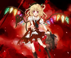 Rule 34 | 1girl, adapted costume, alternate costume, alternate headwear, beret, blonde hair, blood, blush, boots, brown footwear, choker, cross-laced footwear, death, female focus, flandre scarlet, guro, hat, laevatein, looking at viewer, outstretched hand, pink eyes, puffy short sleeves, puffy sleeves, red background, red eyes, red skirt, ringo apple, severed head, short sleeves, side ponytail, skirt, smile, solo, touhou, when you see it, wings