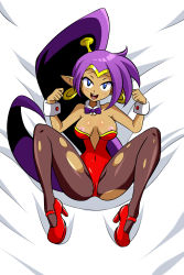 Rule 34 | 1girl, absurdres, adapted costume, alternate costume, bare shoulders, bed sheet, blue eyes, blush, bow, bowtie, breasts, cameltoe, circlet, clenched hands, collarbone, covered navel, dakimakura (medium), dark-skinned female, dark skin, detached collar, earrings, female focus, from above, full body, hands up, happy, high heels, highres, jewelry, leotard, long hair, looking at viewer, lucyfer, lying, medium breasts, nipple slip, nipples, on back, open mouth, pantyhose, pointy ears, ponytail, purple bow, purple hair, red footwear, red leotard, shantae, shantae (series), shoes, smile, solo, spread legs, strapless, strapless leotard, sweat, teeth, torn clothes, torn pantyhose, very long hair, white background, wrist cuffs