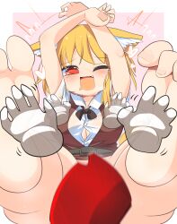 Rule 34 | 1girl, animal ear fluff, animal ears, arms up, belt, black belt, black bow, black bowtie, blonde hair, blush, bottomless, bow, bowl, bowtie, breasts, brown vest, buttons, collared shirt, commentary request, convenient censoring, cookie (touhou), fang, feet, floppy ears, foot focus, foreshortening, fox ears, fox girl, full body, gloves, highres, large breasts, lets0020, medium bangs, medium hair, miramikaru riran, one eye closed, open mouth, red eyes, rice bowl, shirt, short sleeves, soles, solo, tearing up, tickling, toenails, variant set, vest, white gloves, white shirt