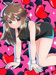 Rule 34 | 1girl, all fours, bare shoulders, black shirt, blue shorts, brown eyes, brown hair, closed mouth, commentary request, creatures (company), game freak, green (pokemon), heart, highres, long hair, looking at viewer, nintendo, pokemon, pokemon lgpe, shirt, short shorts, shorts, sleeveless, sleeveless shirt, smile, solo, twitter username, tyobi 2002, white wristband, wristband