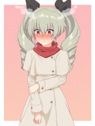 Rule 34 | 1girl, absurdres, ada badguy, anchovy (girls und panzer), arm under breasts, black ribbon, blush, border, buttons, closed mouth, coat, collar, commentary request, drill hair, embarrassed, frown, girls und panzer, gradient background, green hair, hair ribbon, hand on own arm, highres, holding own arm, long hair, long sleeves, looking down, nose blush, pink background, red collar, red eyes, ribbon, solo, standing, steam, twin drills, twintails, wavy mouth, white border, white coat