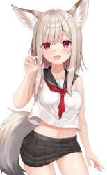 Rule 34 | :d, animal ear fluff, animal ears, bare arms, bare shoulders, black sailor collar, black skirt, blush, breasts, brown hair, claw pose, collarbone, commentary request, fox ears, fox girl, fox tail, hand up, highres, long hair, looking at viewer, medium breasts, open mouth, original, pleated skirt, red eyes, sailor collar, sakuma hiragi, school uniform, serafuku, shirt, skirt, sleeveless, sleeveless shirt, smile, solo, tail, white shirt