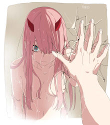 Rule 34 | 10s, 1girl, blunt bangs, breasts, broken glass, collarbone, darling in the franxx, findoworld, fingernails, glass, hair over breasts, hair over one eye, highres, horns, long hair, looking at viewer, medium breasts, mirror, nail, nail polish, navel, nude, outstretched arm, pink hair, reflection, sharp fingernails, solo, wet, white nails, zero two (darling in the franxx)