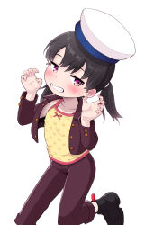 1girl alternate_costume black_footwear black_hair brown_jacket brown_pants camisole curled_fingers feet_out_of_frame hat highres jacket kantai_collection pants purple_eyes sailor_hat short_hair shounan_(kancolle) simple_background solo twintails white_background white_hat yellow_camisole yonemiya_inaho