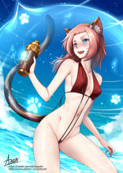 Rule 34 | 1girl, :d, adsouto, aged up, animal ears, bare arms, bikini, blue eyes, blush, bottle, breasts, cat ears, cat girl, cat tail, cleavage, collar, covering nipples, covering privates, diona (genshin impact), fang, genshin impact, highres, holding, holding bottle, long hair, navel, open mouth, pink hair, red bikini, sideboob, signature, small breasts, smile, solo, straight hair, swimsuit, tail, watermark, web address