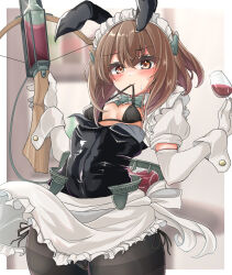 Rule 34 | 1girl, alternate costume, apron, black bra, black leotard, black panties, black pantyhose, blush, bottle, bow (weapon), bra, breasts, brown eyes, brown hair, crossbow, cup, drinking glass, elbow gloves, enmaided, frilled apron, frills, gloves, headgear, highres, holding, holding crossbow, holding cup, holding weapon, kantai collection, kasashi (kasasi008), leotard, maid, maid apron, mouth hold, panties, pantyhose, puffy short sleeves, puffy sleeves, short hair, short hair with long locks, short sleeves, shrug (clothing), side-tie panties, sidelocks, small breasts, solo, strapless, strapless leotard, taihou (kancolle), thighband pantyhose, underwear, waist apron, weapon, white apron, white gloves, wine bottle, wine glass