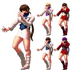 Rule 34 | 1girl, alternate color, black big box, blonde hair, boots, breasts, brown hair, cleavage, cleavage cutout, clothing cutout, cropped jacket, fighting stance, hair over eyes, knee boots, large breasts, leotard, long hair, lowres, midriff, miniskirt, navel, pixel art, player 2, purple hair, shermie (kof), skirt, solo, split ponytail, sprite sheet, the king of fighters, the king of fighters xii, twintails