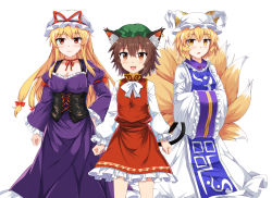 Rule 34 | 3girls, :d, animal ear fluff, animal ears, animal hat, artistic error, blonde hair, bow, bowtie, breasts, brown eyes, brown hair, cat ears, cat tail, chen, choker, cleavage, collarbone, commentary request, corset, dress, e.o., feet out of frame, fox tail, frilled shirt collar, frilled sleeves, frills, green hat, hair between eyes, hair bow, hand on own hip, hat, hat ribbon, highres, juliet sleeves, large breasts, long hair, long sleeves, looking at viewer, mob cap, multiple girls, multiple tails, nekomata, open mouth, petticoat, puffy sleeves, red bow, red choker, red eyes, red ribbon, red skirt, red vest, ribbon, ribbon choker, shirt, sidelocks, simple background, skirt, skirt set, smile, standing, tabard, tail, touhou, two tails, very long hair, vest, white background, white bow, white dress, white hat, white headwear, white neckwear, white shirt, wide sleeves, yakumo ran, yakumo yukari, yellow eyes