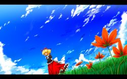 Rule 34 | 1girl, arms behind back, bad id, bad pixiv id, blonde hair, blouse, blue sky, cloud, day, dutch angle, closed eyes, facing away, flower, from side, grass, hair ribbon, highres, letterboxed, meadow, medicine melancholy, nekominase, outdoors, puffy short sleeves, puffy sleeves, ribbon, shirt, short hair, short sleeves, skirt, sky, smile, solo, touhou, wind