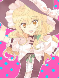 Rule 34 | 1girl, blonde hair, bow, braid, curiosities of lotus asia, face, female focus, frills, hair bow, hat, hat bow, kirisame marisa, makiko, open mouth, short sleeves, side braid, single braid, smile, solo, touhou, witch, witch hat, yellow eyes