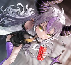 Rule 34 | 1girl, absurdres, ahoge, ascot, black horns, braid, braided bangs, can, drink can, highres, hololive, horns, la+ darknesss, la+ darknesss (1st costume), landl, multicolored hair, pointy ears, purple hair, single thighhigh, soda can, streaked hair, striped horns, thighhighs, virtual youtuber, yellow ascot, yellow eyes