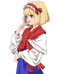 Rule 34 | 1girl, alice margatroid, ascot, blonde hair, blue dress, blue eyes, capelet, commentary request, dress, frilled capelet, frills, hairband, highres, lolita hairband, long sleeves, open mouth, red ascot, red hairband, shirt, simple background, solo, touhou, white background, white capelet, white shirt, yugiri (yugiri picture)