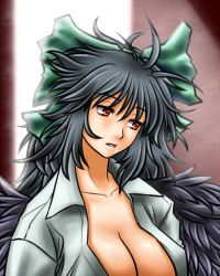 Rule 34 | 1girl, black hair, bow, breasts, casual, cleavage, female focus, five-seven (0verlimits), hair bow, large breasts, long hair, messy hair, open clothes, open shirt, red eyes, reiuji utsuho, shirt, solo, touhou, wings