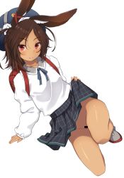 Rule 34 | 1girl, animal ears, arm support, azur lane, backpack, bag, bar censor, bare legs, bell, black skirt, blouse, blue hat, bow, brown hair, censored, clothes lift, collarbone, dark-skinned female, dark skin, dutch angle, ear ribbon, from above, grey footwear, groin, hair between eyes, hat, highres, i-26 (azur lane), i-26 (deep-sea rabbit) (azur lane), jingle bell, kiyomin, lifting own clothes, long hair, long sleeves, looking at viewer, neck ribbon, no panties, parted bangs, parted lips, plaid, plaid skirt, puffy long sleeves, puffy sleeves, rabbit ears, randoseru, red eyes, red ribbon, ribbon, school uniform, shirt, shoes, skirt, skirt lift, sleeves past wrists, smile, solo, white shirt