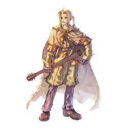 Rule 34 | 1boy, 2000s (style), bandolier, bard (ragnarok online), belt, blonde hair, blue eyes, brown belt, brown cape, brown footwear, brown shirt, brown shorts, cape, dart, full body, highres, holding, holding instrument, instrument, layered sleeves, long sleeves, looking afar, lute (instrument), male focus, myung-jin lee, official art, open mouth, pants, pants under shorts, parted bangs, ponytail, purple pants, ragnarok online, shirt, shoes, short over long sleeves, short sleeves, shorts, simple background, smile, solo, standing, tachi-e, transparent background, two-sided cape, two-sided fabric, white cape