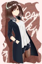 Rule 34 | 1girl, black shorts, bob cut, brown eyes, brown hair, brown pantyhose, closed mouth, coat, commentary, cropped legs, english commentary, graffiti, hands in pockets, headphones, headphones around neck, highres, long coat, looking at viewer, open clothes, open coat, original, pantyhose, short hair, short shorts, shorts, shunichi, solo, standing, watch, wristwatch