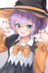 Rule 34 | 1girl, :d, aqua eyes, azur lane, black hat, black robe, blush, bow, bowtie, claw pose, collarbone, collared shirt, commentary request, crop top, hair between eyes, halloween, halloween costume, hat, high ponytail, highres, javelin (azur lane), long sleeves, looking at viewer, medium hair, micchamu, open mouth, orange bow, orange bowtie, orange sleeves, ponytail, purple hair, robe, shirt, sidelocks, simple background, smile, solo, standing, teeth, upper body, upper teeth only, white background, white shirt, wide ponytail, witch, witch hat