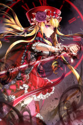 Rule 34 | 1girl, blonde hair, bow, cinia pacifica, clock, cocoon (loveririn), dress, expressionless, flower, frilled dress, frills, hat, holding, kokun, layered dress, long hair, lowres, pink eyes, ribbon, roman numeral, rose, solo, sword, sword girls, weapon, wrist cuffs