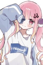 Rule 34 | 1girl, :3, blonde hair, blush stickers, closed mouth, covering face, dutch angle, hair between eyes, hair ornament, hand up, highres, long hair, long sleeves, multicolored hair, naru-chan (naruuub), one eye covered, original, pink eyes, pink hair, pom pom (clothes), pom pom hair ornament, print shirt, question mark hair ornament, raglan sleeves, shirt, sidelocks, simple background, sleeve cuffs, sleeves past fingers, sleeves past wrists, solo, streaked hair, twintails, white background, white shirt