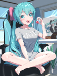 Rule 34 | 1girl, alternate costume, aqua eyes, aqua hair, bare legs, barefoot, between legs, blurry, blurry background, blush, breasts, candy, casual, chair, chocolate, chocolate bar, collarbone, commentary request, elbow rest, english text, feet, food, full body, gaming chair, grey shirt, hair between eyes, hand between legs, hatsune miku, heart, highres, indoors, long hair, looking at viewer, magical mirai (vocaloid), magical mirai miku, magical mirai miku (2016), medium breasts, naked shirt, open mouth, portrait (object), raised eyebrow, shirt, sitting, solo, swivel chair, t-shirt, toes, tongue, tongue out, twintails, very long hair, vocaloid, yukichi (yu-ame)